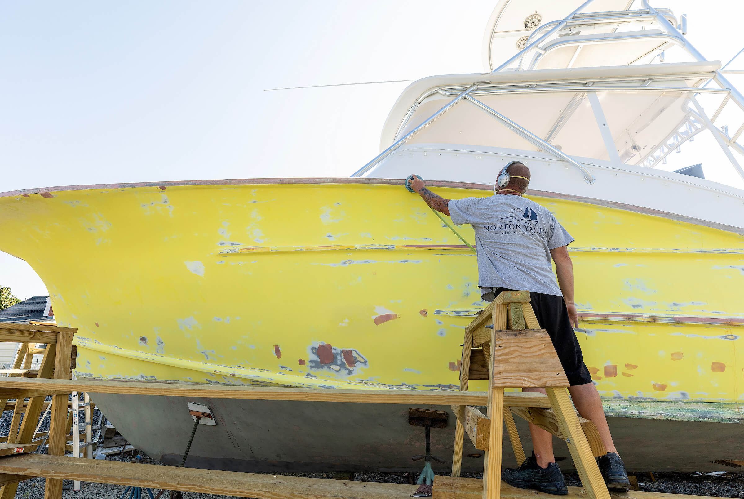 Fiberglass and composite repair on a boat hull at Norton Yachts