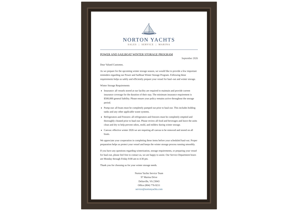 Norton Yachts Winter Storage Program
